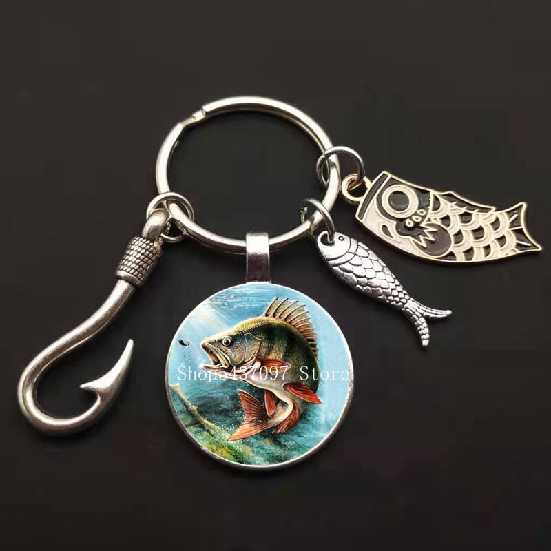 LLavero de maestro de pesca a la , llavero con anzuelo, llavero con cúpula de cristal, llavero de pescador I Love Fishing Fish, llave colgante: Color negro natural