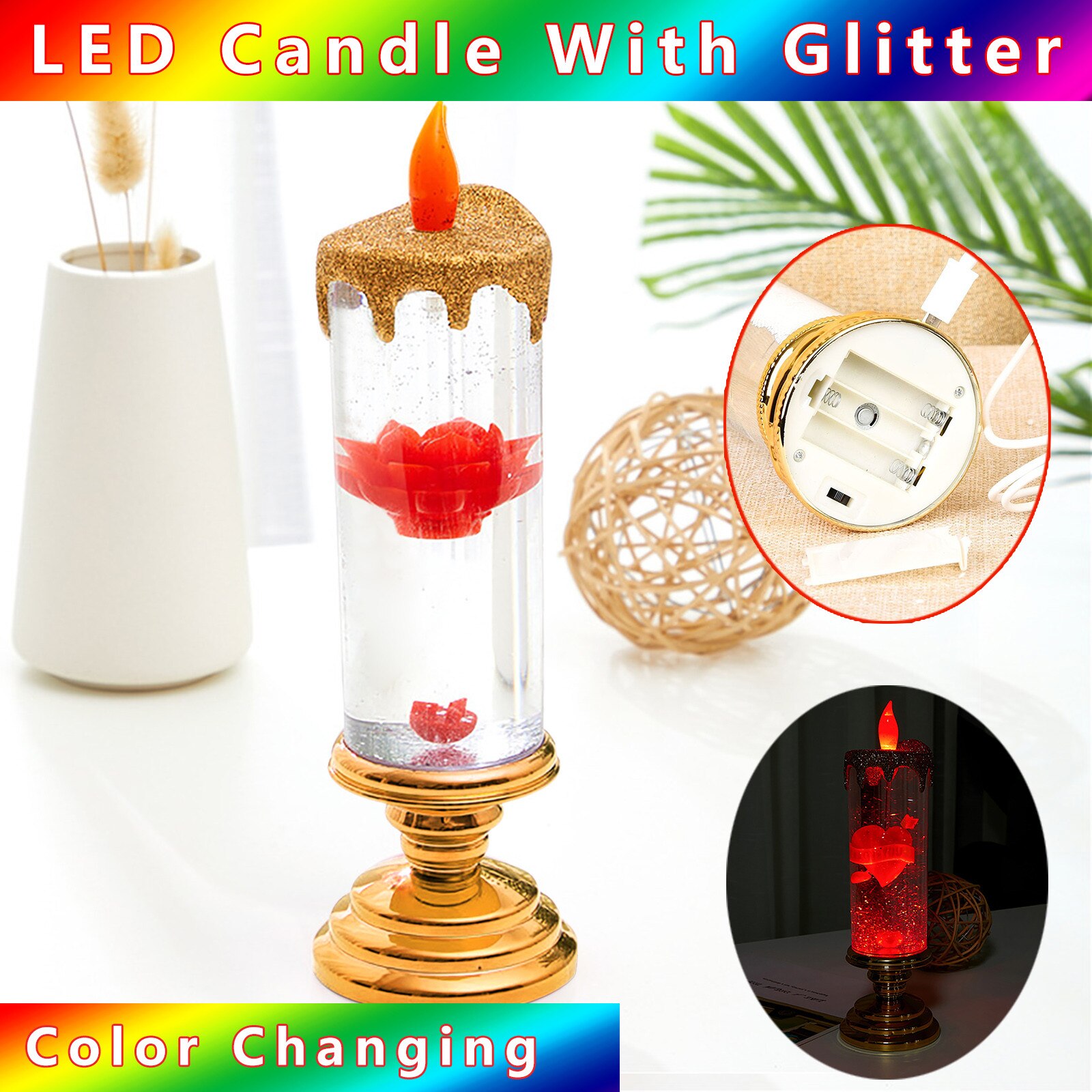 300ml Led Candles Rotating Color Changing Glitter Led Candles Flameles Romantic Crystal Candle Light Home Party Decoration#T2: P
