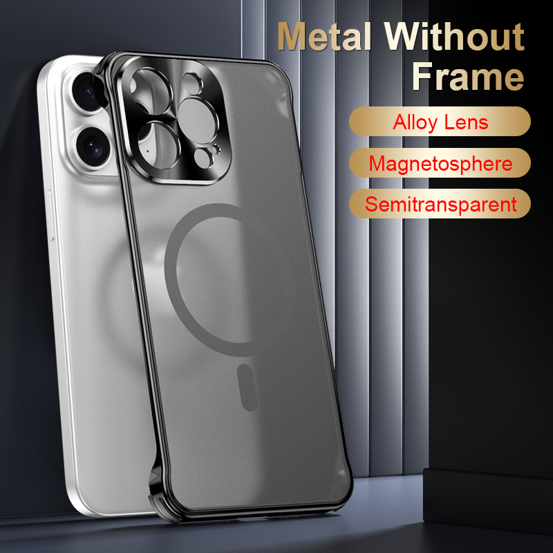 Metal Frameless Fall Protection Case Magsafe matte Wireless Charging Case For iPhone 15 14 13 Pro Max Series Magnetic Phone Case