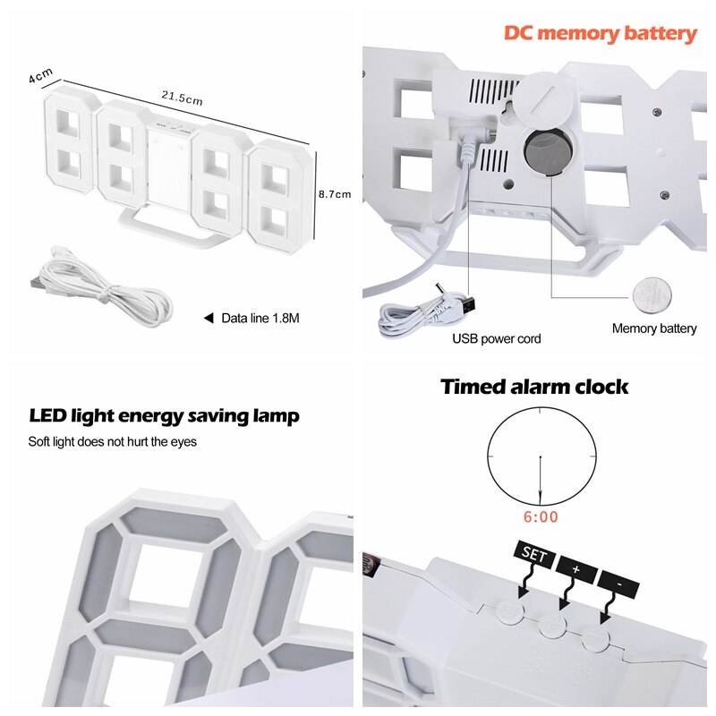 3D horloge moderne numérique 12/24 heure affichage de l'heure mur LED horloge LED rétro-éclairage support de température ou suspendus alarmes pour chambre à coucher