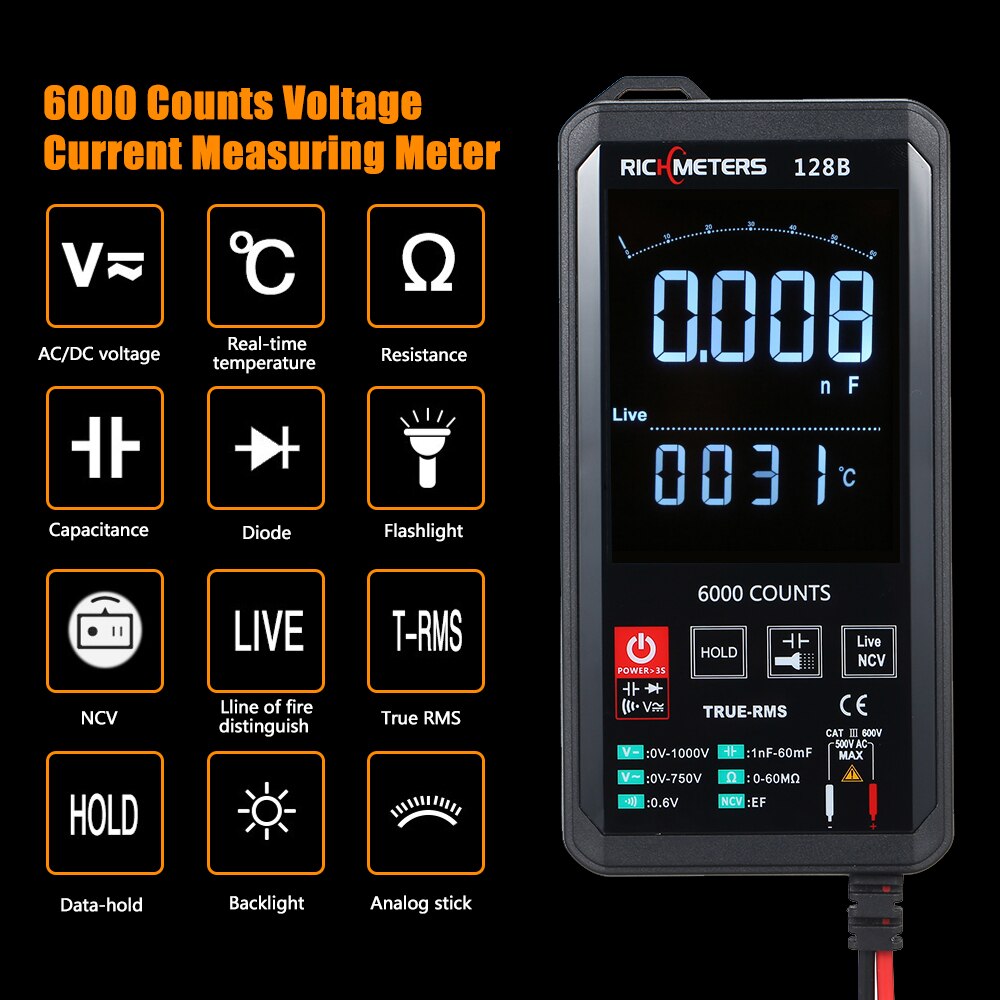 RICHMETERS 6000 Counts True-RMS Digital Multimeter Backlight Large Screen Voltage Temperature Measuring Meter with Flash Light: 128B