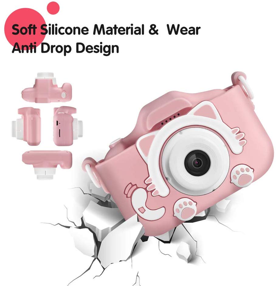 HD Kids Digital Camera With Dual Cameras Shockproof Cartoon Video Camcorders For Boys Girls Mini Photo Game Kameras: Pink / Bundle1