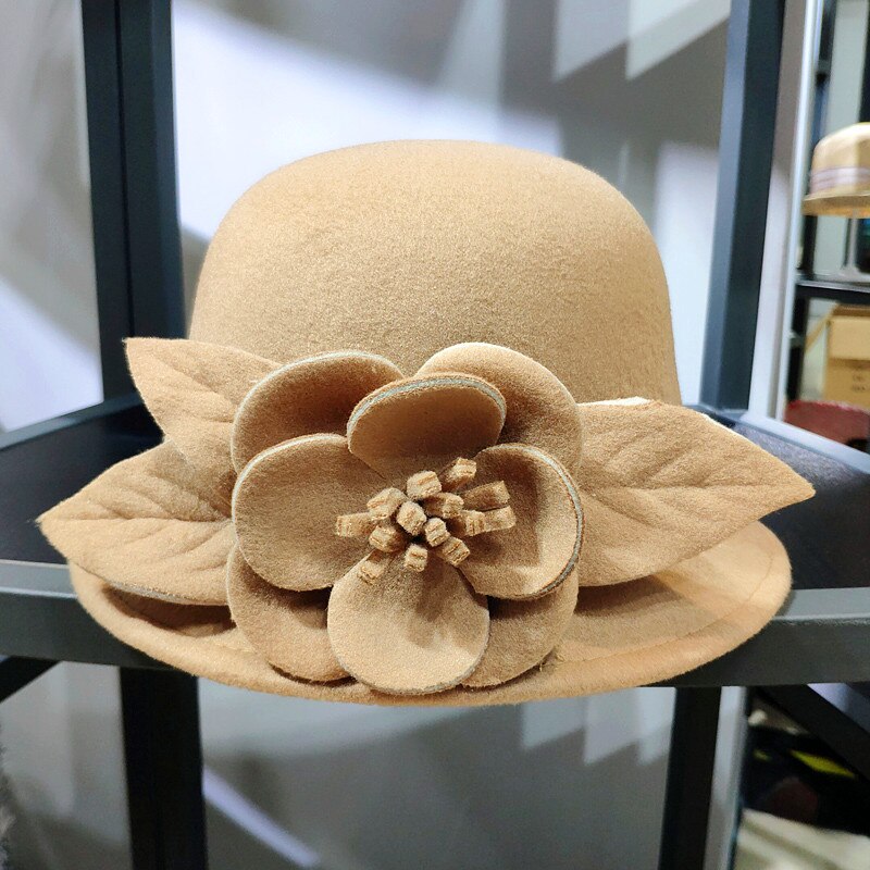 Chapeau Fedora en laine pour femmes, chapeau seau à fleurs texturées, , en forme de dôme, à la , automne hiver: khaki
