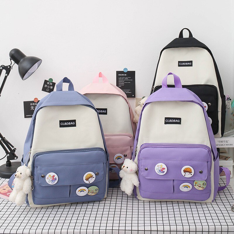 Kawaii 4 delar set skolväskor för tonårsflickor canvas resväska kvinnor bokväskor student skolväska ryggsäck mochila