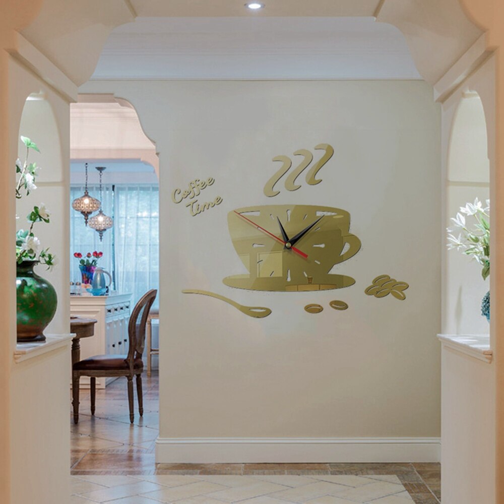 DIY 3D Wall Clock Acrylic Coffee Cup Teapot Decorative Kitchen Wall Clock Living Room Wall Stickers Home Decor Clocks