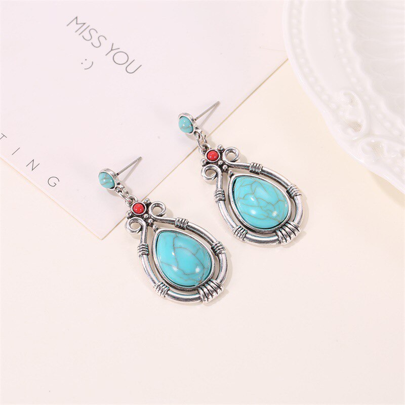 Modyle Vintage Tibetischen Silber Natürliche Türkisen Verkrustete Ohrring Blau Stein Wasser Tropfen Baumeln Ohrringe für Frauen Boho