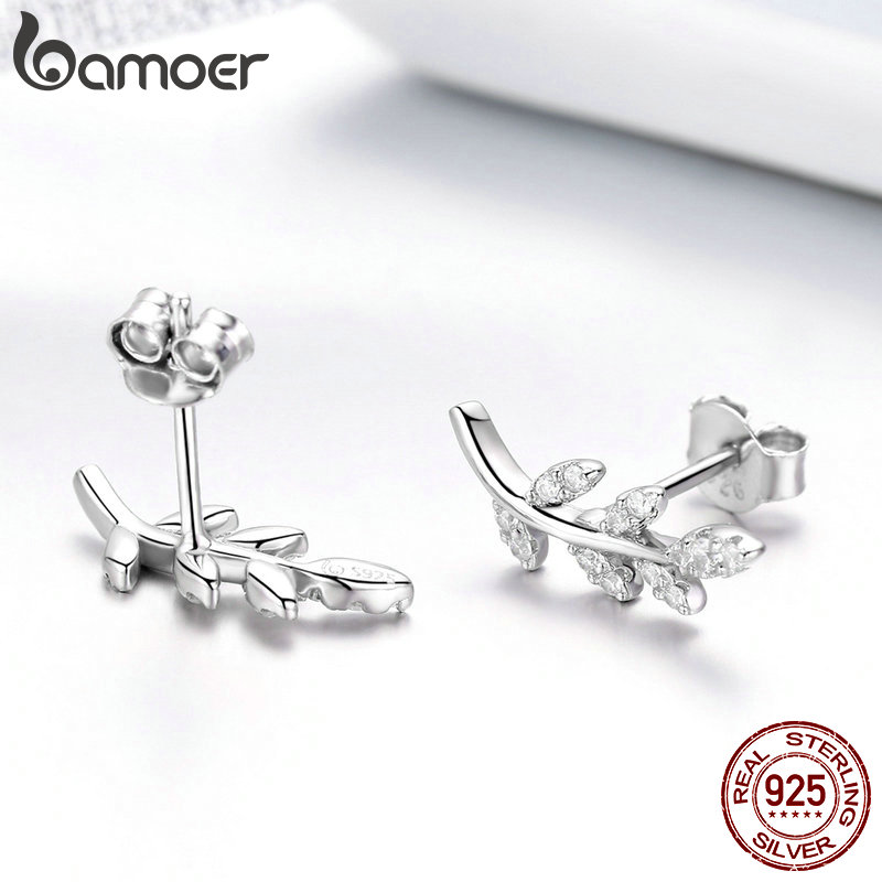 BAMOER Authentic 925 Sterling Silver Spring Leaf Leaves Clear CZ Zircon Stud Earrings for Women Earrings Jewelry BSE031