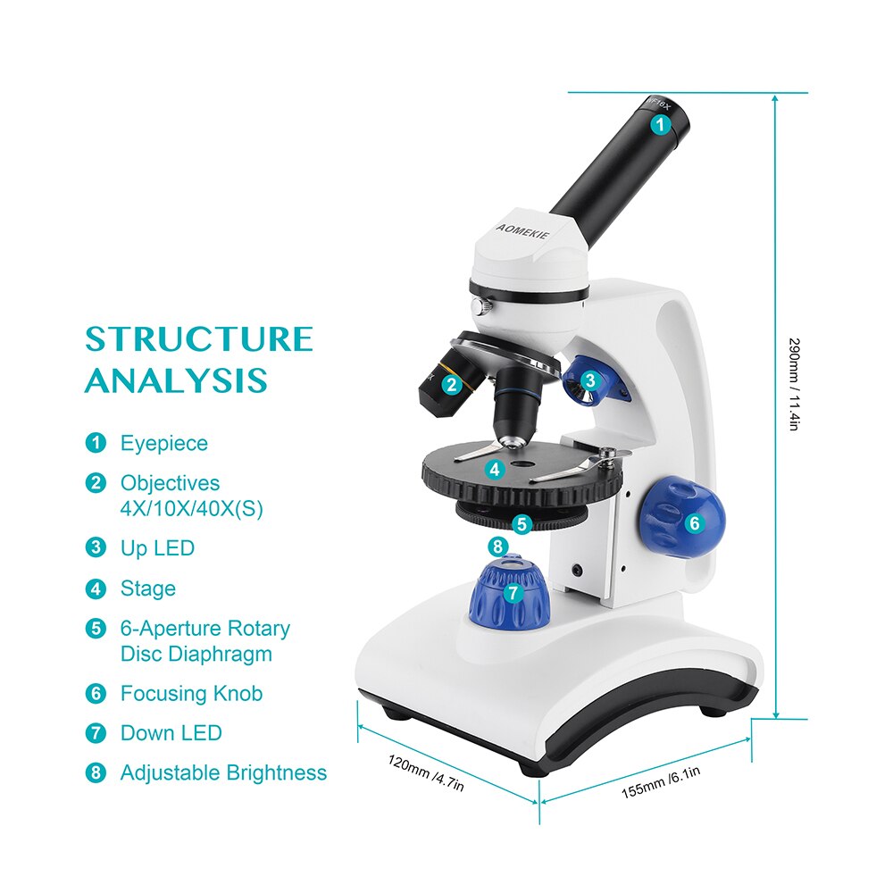 AOMEKIE Biological Microscope 64-640X Compound Monocular Microscopes with Slides Dual Led for Kids Students