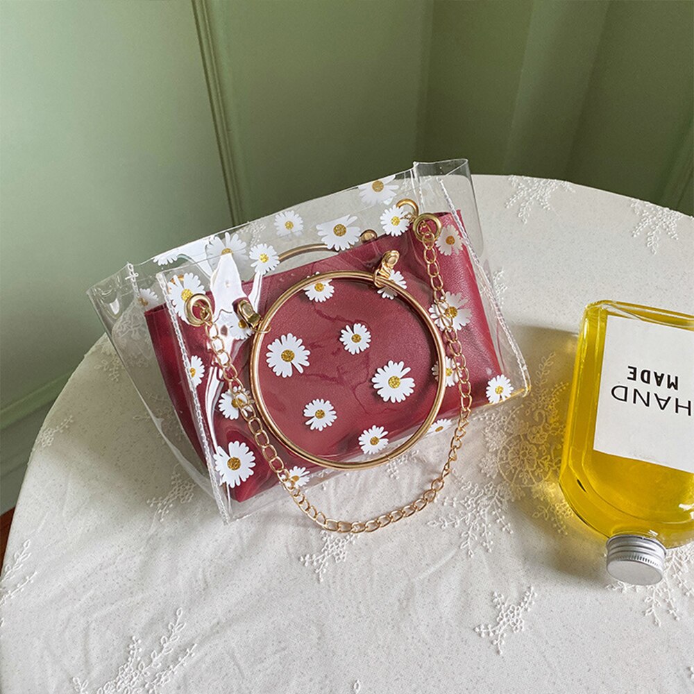 2 stuks/set transparante pvc schoudertassen dames schattige aardbeienprint clutch tas reis crossbody tas samengestelde set