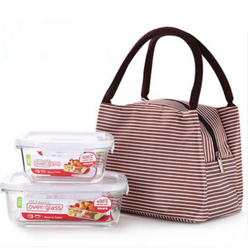 Leisure Women Portable Lunch Bag Canvas Stripe Insulated Cooler Bags Thermal Food Picnic Lunch Bags Box Kids Ice Pack Tote