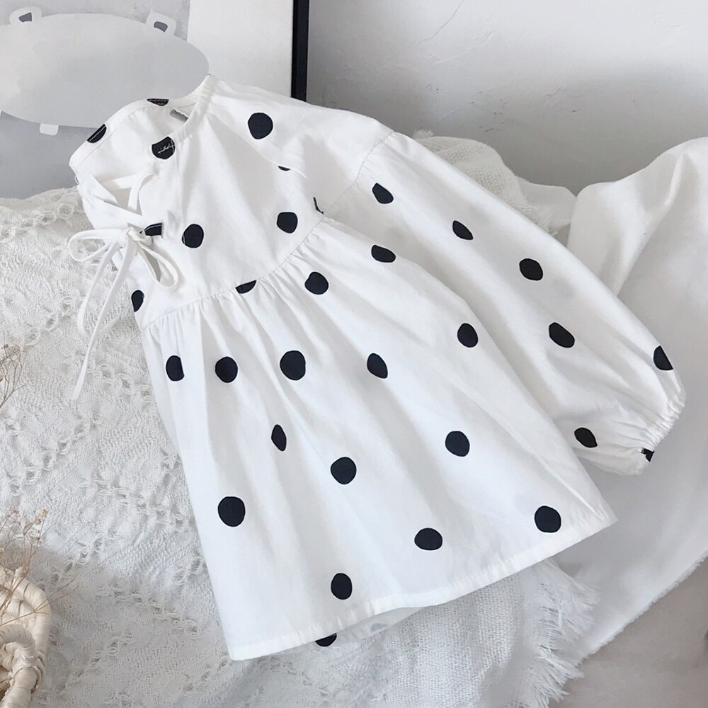 Tops y blusas de manga abombada de lunares para niñas, ropa coreana para niños pequeños, primavera