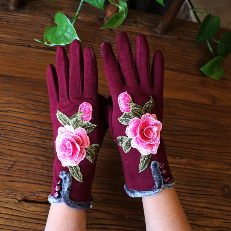 Punk Cotton Driving Fingerless Gloves For Women Gloves Winter Touch Screen Flowers Embroidery Gloves Autumn Winter: Red Type2