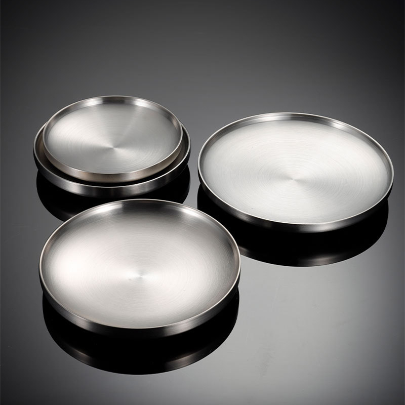 Plato de cena redondo de acero inoxidable grueso, platos de postre occidentales, bandeja de doble capa, mesa de comedor antiquemaduras, decoración del hogar