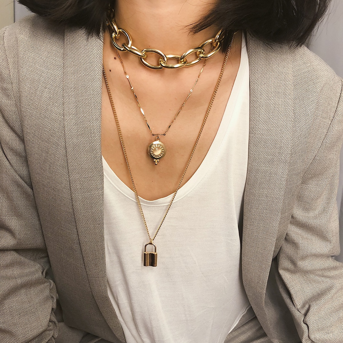 punk di Modo a Più Strati di Blocco Pendenti con Gemme E Perle Gotico Grande Cuore di Spessore Della Catena Girocollo Vintage ▾ Della Moneta Lungo Collane di Perle per Le Donne