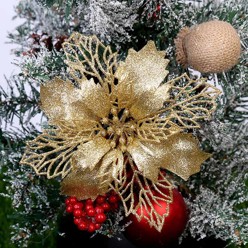 6pcs Glitter Kunstmatige Kerst Bloemen Vrolijke Kerstboom Decoratie Ornamenten Xmas Party Supplies Nep Bloemen Hoofd