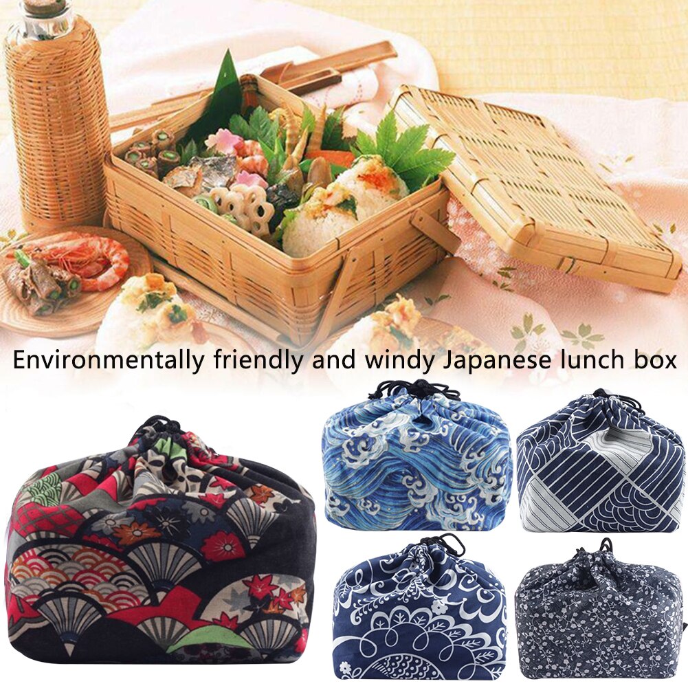 Bedrukte, thermisch geïsoleerde, draagbare schoolpicknick-tas met trekkoord in japanse stijl, bento-tas, voedselopslag, lunchtas, stoffen koeltas