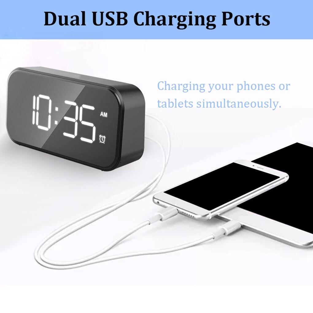 LED Digital Alarm Clock Mirrored Snooze Time Calendar with Adjustable Lighting Modern Electric Table Clock