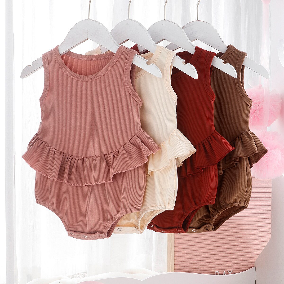 0-24M Peuter Baby Meisjes Jongens Bodysuits 4 Kleuren Solide Mouwloze Ruches Jumpsuits Kleding Outfits