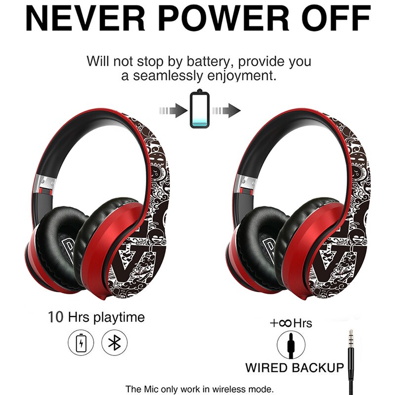 Kabelloser bluetooth 5.0 over-ear-kopfhörer mit graffiti-design, faltbar, mit mikrofon, hi-fi-stereo-sound für smartphone, pc und laptop