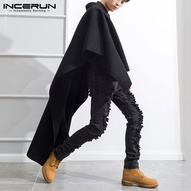 Män oregelbundna kappor rockar långärmad revers poncho chic lös enfärgad streetwear cape herr trench s -5xl incerun