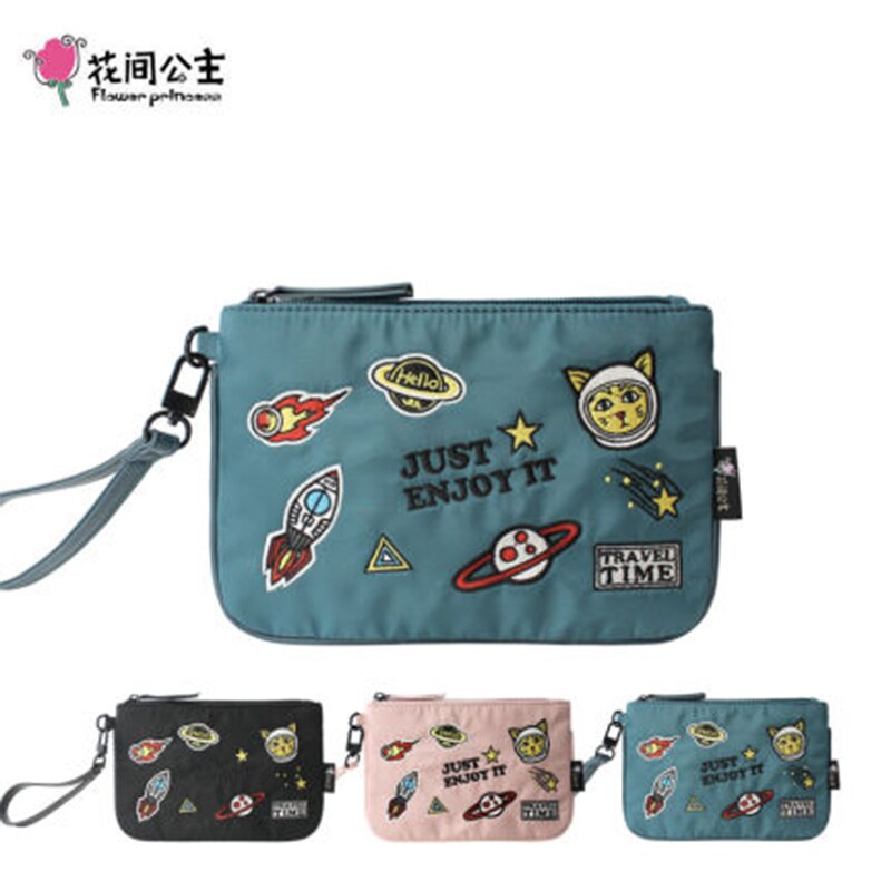 Flower Princess Animal Print Women Wallets Embroidery Nylon Vintage Handy Wrist Bag Zipper Teenager Girl Coin Female Handbags: BLUE