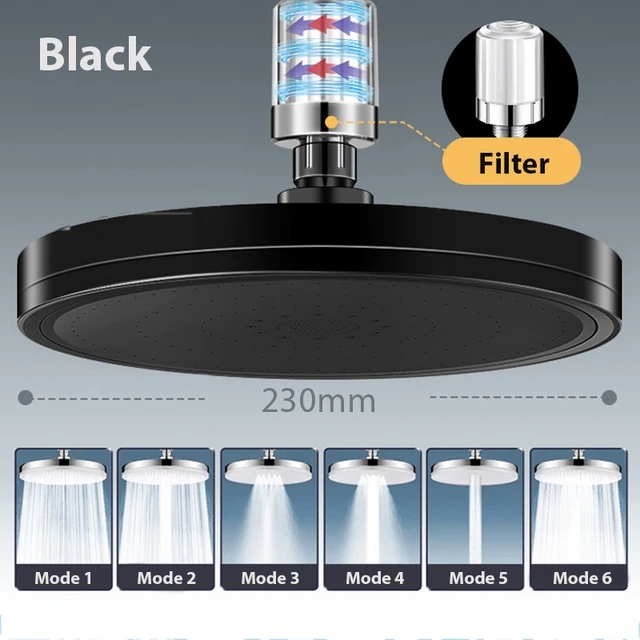 Cabezal de ducha de lluvia de 6 modos, cabezales de ducha de lluvia superiores de alta presión para baño, ° Accesorios para grifos de ducha con rociador superior: Gris claro