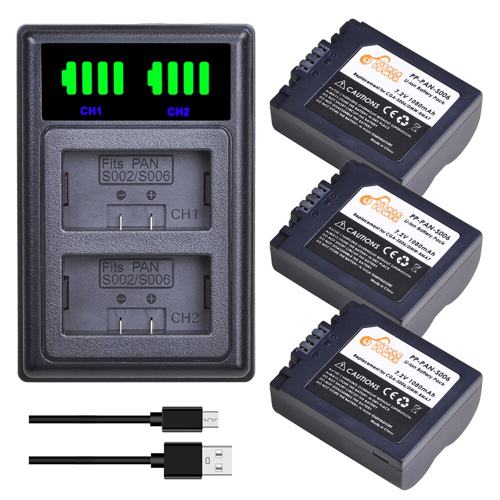 CGA-S006 DMW-BMA7 Battery +LED Daul USB Charger for Panasonic Lumix DMC-FZ7 DMC-FZ8 DMC-FZ18 DMC-FZ28 FZ30 FZ35 FZ38 FZ50 Camera: Charger and 3Battery