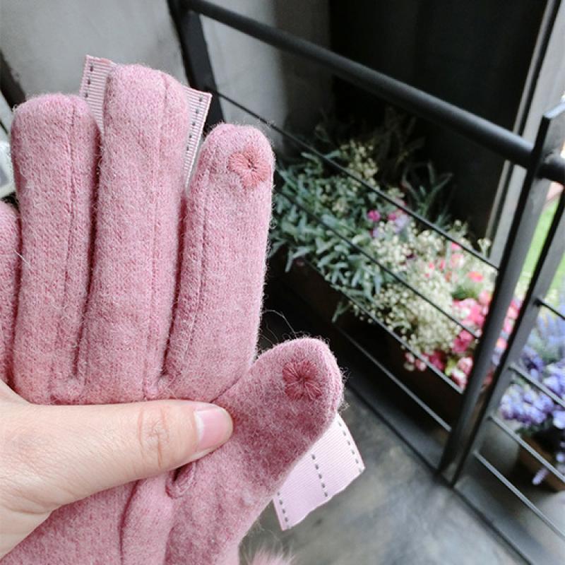 Cashmere Gloves Wool Piece Jump Point Bowknot Hair Ball Gloves Korean Touch Screen Five-Finger Warm Gloves
