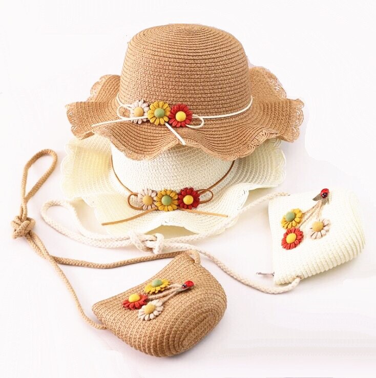 Chapeau et sacs en paille à fleurs pour enfants, ensemble deux pièces décontracté pour filles, sac à bandoulière + chapeau de soleil pour bébé, plage, panama, gorros