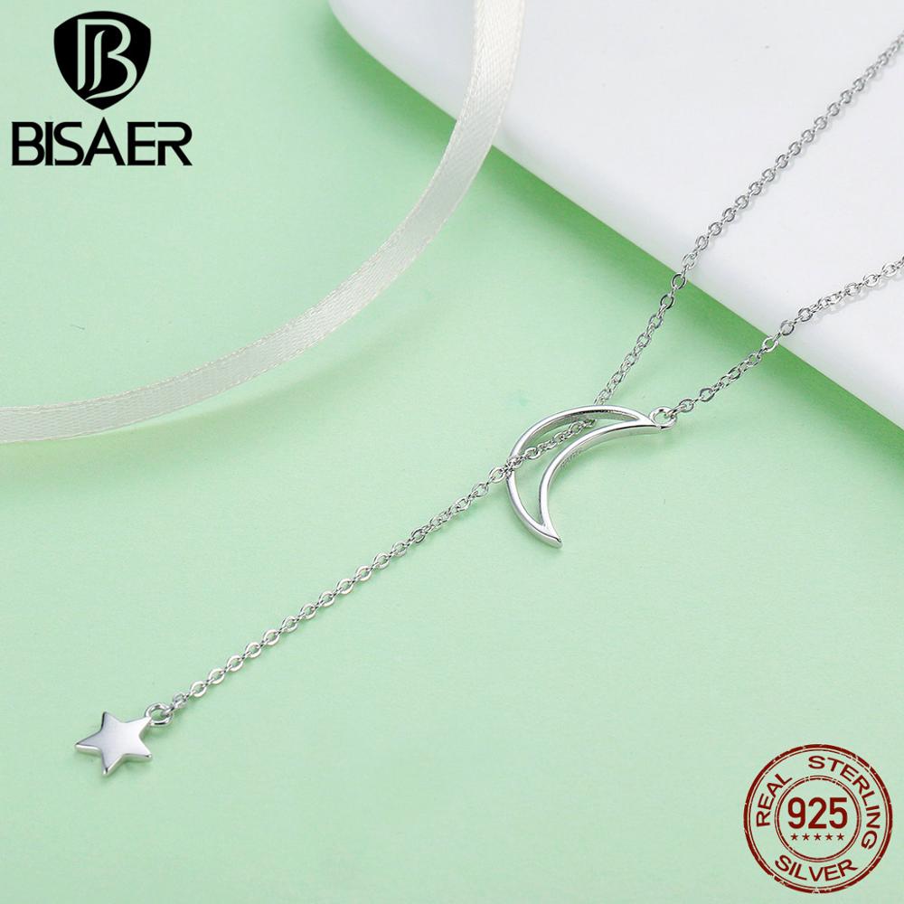 BISAER Authentische modisch 925 Sterling Silber Mond und Sterne Geschichten Kette Verknüpfung Lange Anhänger Halsketten für Frauen Edlen Schmuck GXN108