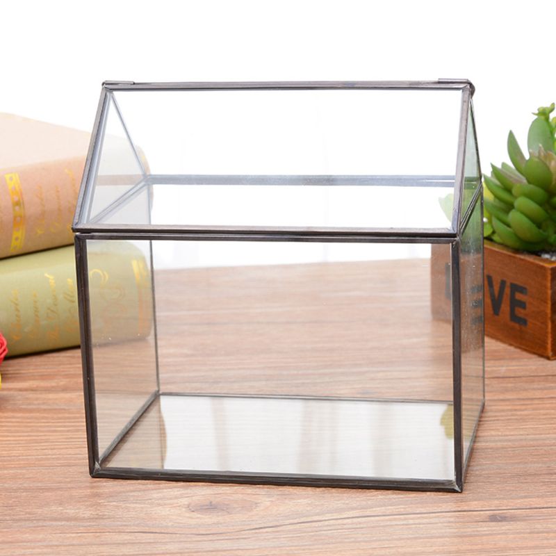 Geometric Glass Terrarium Box Handmade House Shape Close Glass Table Top DIY Display Planter Windowsill Flower Pot with Swing