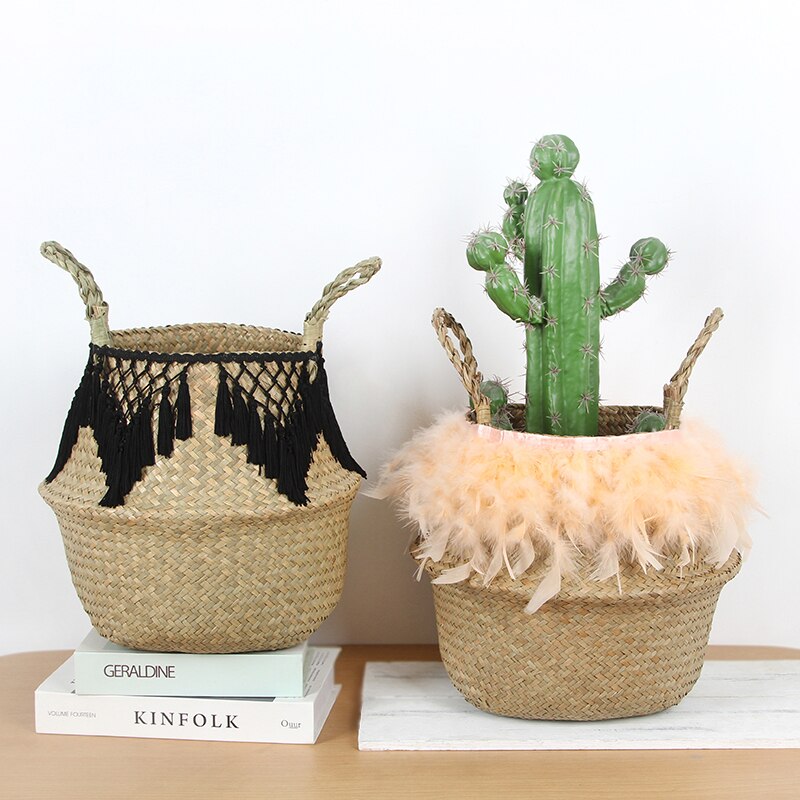 Vævet multifunktionel håndtaske flet kurv søgræs vasketøjskurv naturlig rattan blomsterkurv vase plantehave potte