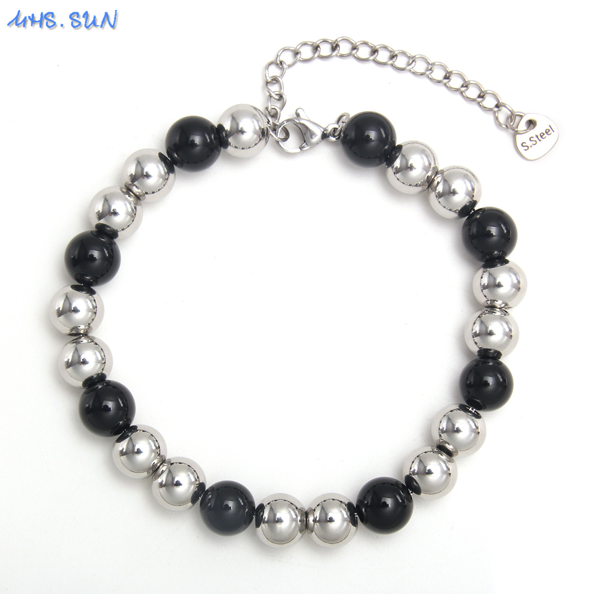 MHS.SUN-pulsera de cuentas lisas impermeable, brazalete ajustable de bolas redondas de acero inoxidable, Color dorado y plateado, joyería de Unisex: PLATEADO