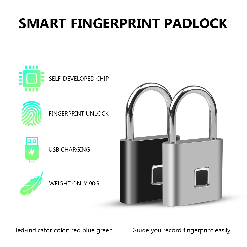 Portable Fingerprint Smart Padlock IP65 Waterproof Electric Biometric Door Lock Home Door Bag Luggage Case Lock USB Rechargeable
