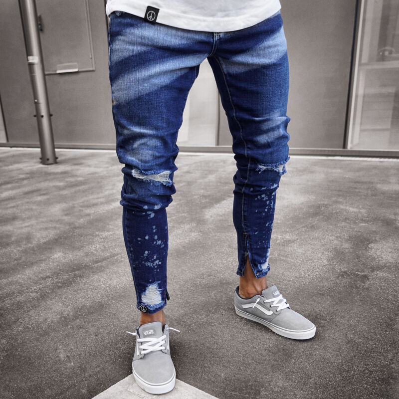 Mænds ripped skinny distressed destroyed slim fit stretch biker jeans bukser med huller jeans slim fit denim bukser bukser
