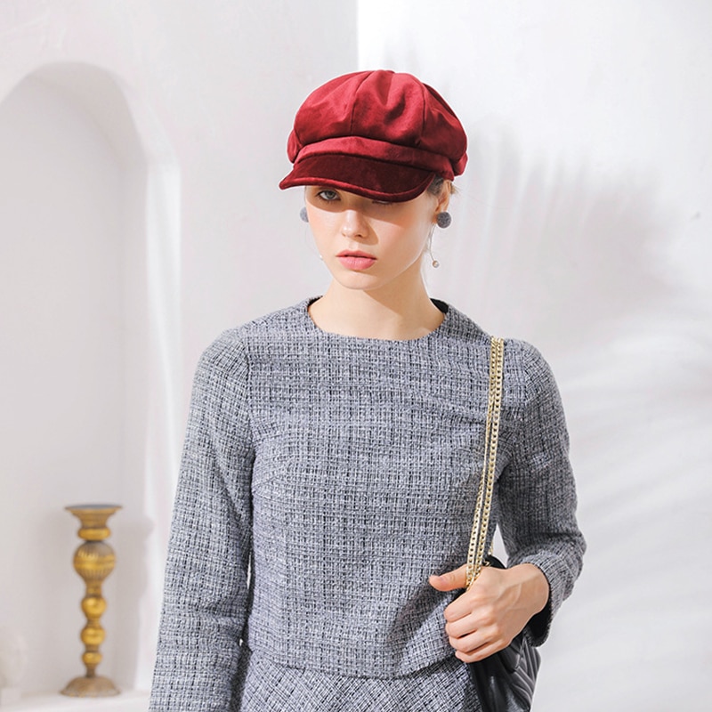 Sammet kvinnor basker höst vinter åttakantiga keps hattar snygg konstnär målare tidningspojke kepsar svart röd basker hattar  m154
