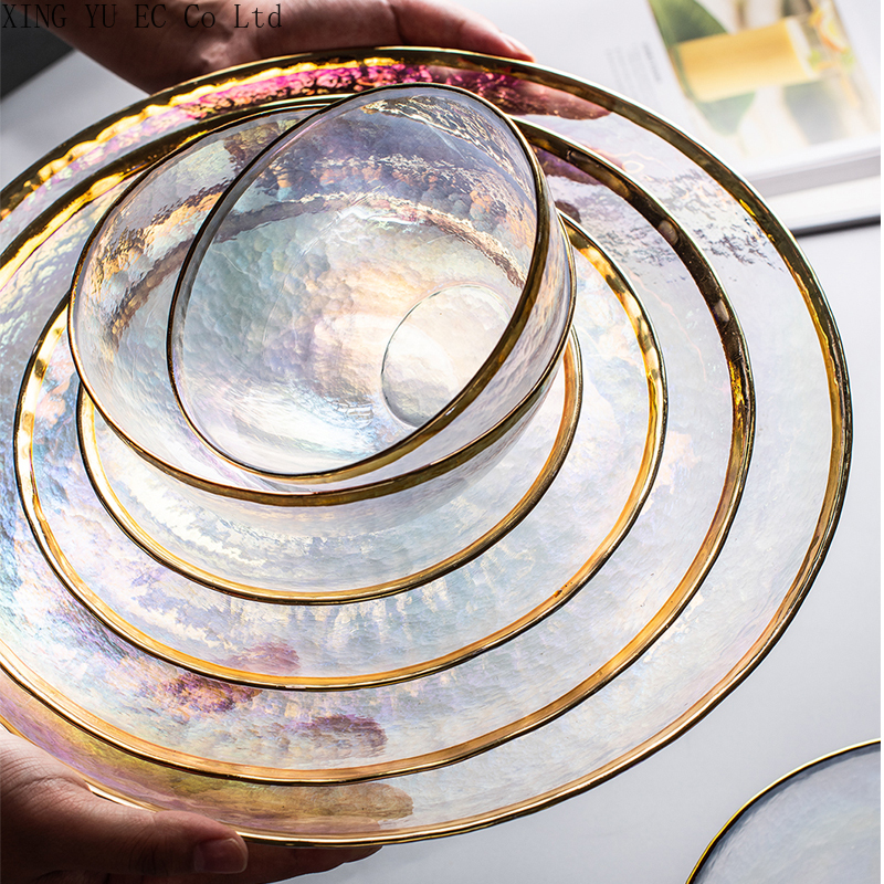 Vajilla de vidrio con borde dorado, plato occidental de comida, plato plano para ensalada, conjunto de carne para banquete, plato de exhibición, vajilla, utensilios de cocina
