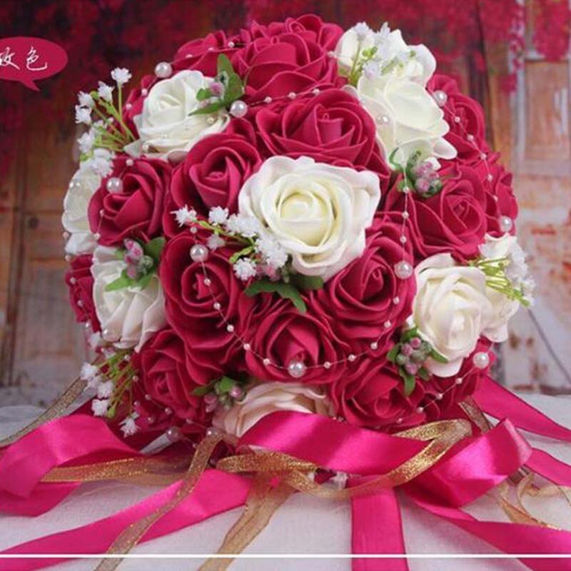 Flores decorativas hechas a mano, rosas artificiales, perlas, acentos de encaje para novia, ramos de boda con cinta: 06