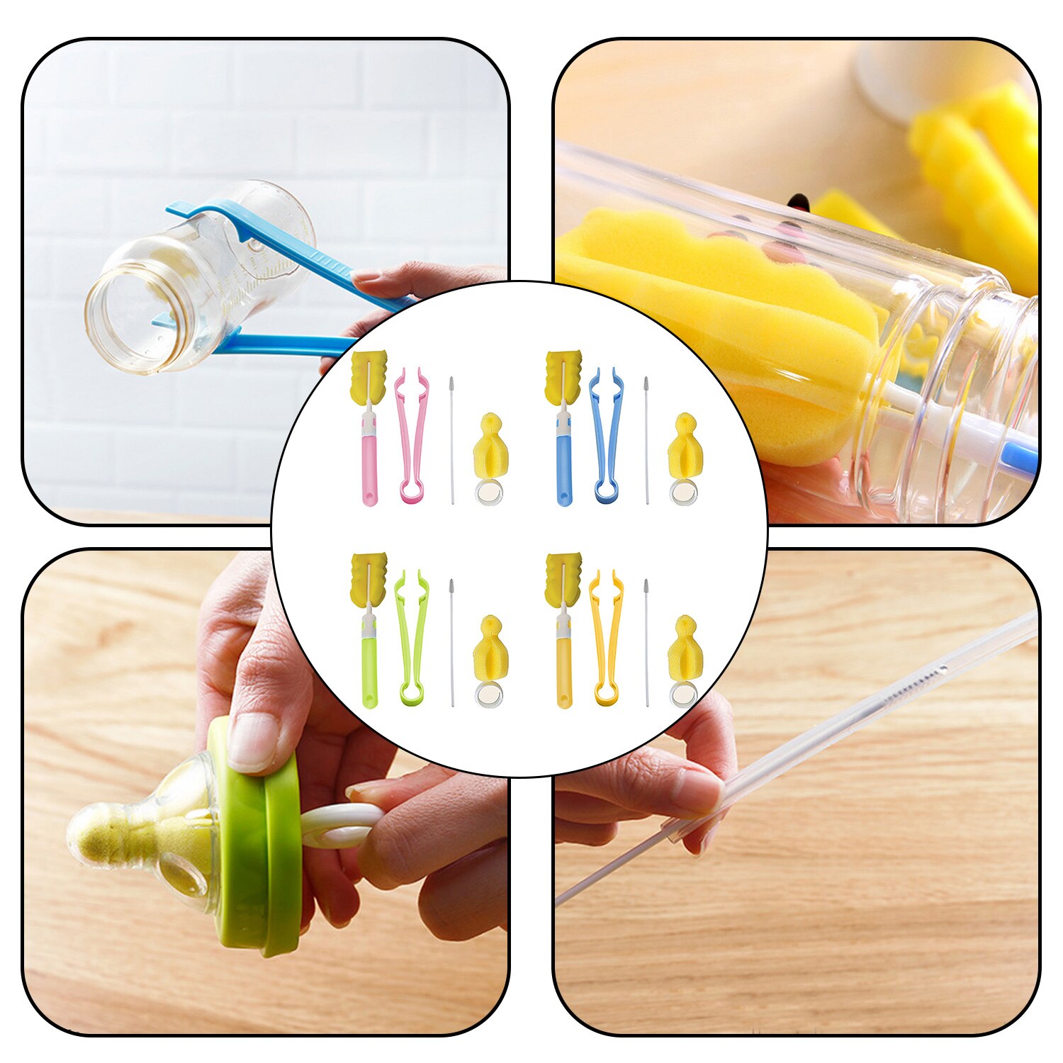 4 Stuks Baby Fles Spons Borstel Cleaner Gereedschap Kit Voor Baby Melk Fles Tepel Stro Cup 360-Graden Roterende hoofd Reiniging Borstels