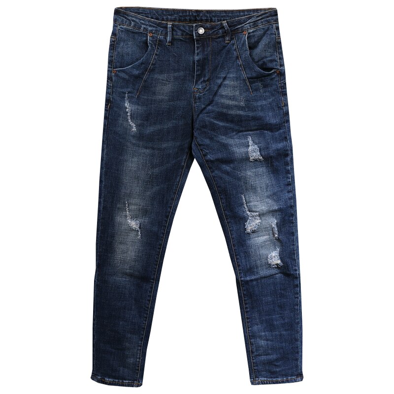 Jean Streetwear pour hommes, pantalon crayon, élastique et déchiré, bleu foncé, Style coréen, Hip Hop