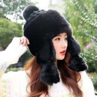 Thick warm fluff Bomber hats for women winter Chapeau chaud cute ethnic style women anti-cold earmuffs hat women&#39;s hat: black