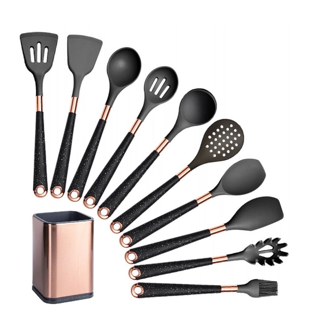 Silicone Cooking Utensils Set Heat Resistant Kitchen Spatula Spoon Non-Stick Tools With Rose Gold-Plated Handle And Holder: black