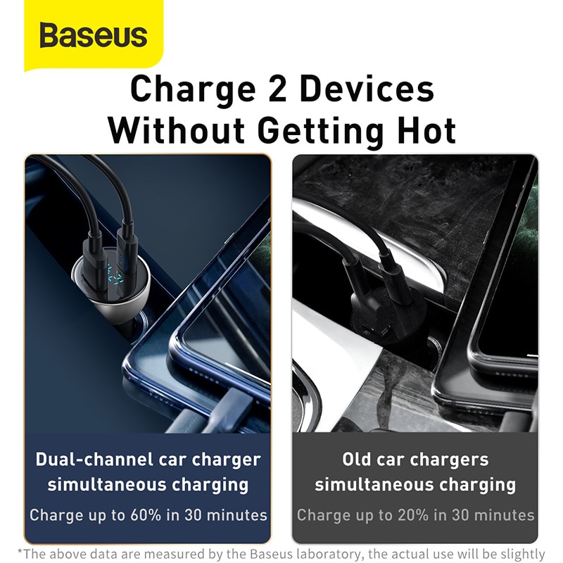 Baseus 65W PD Car Charger QC 4.0 QC 3.0 LED Display Type-C Fast Charger Quick Charger For iPhone Xiaomi USB Phone Charger In Car