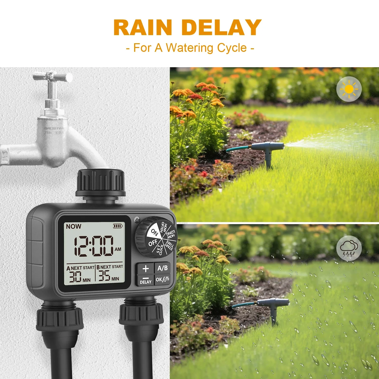 Temporizador de agua, el más temporizador de agua Digital de 2 salidas, Control de programador independiente de zona A/B, aspersor ajustable, fácil instalación
