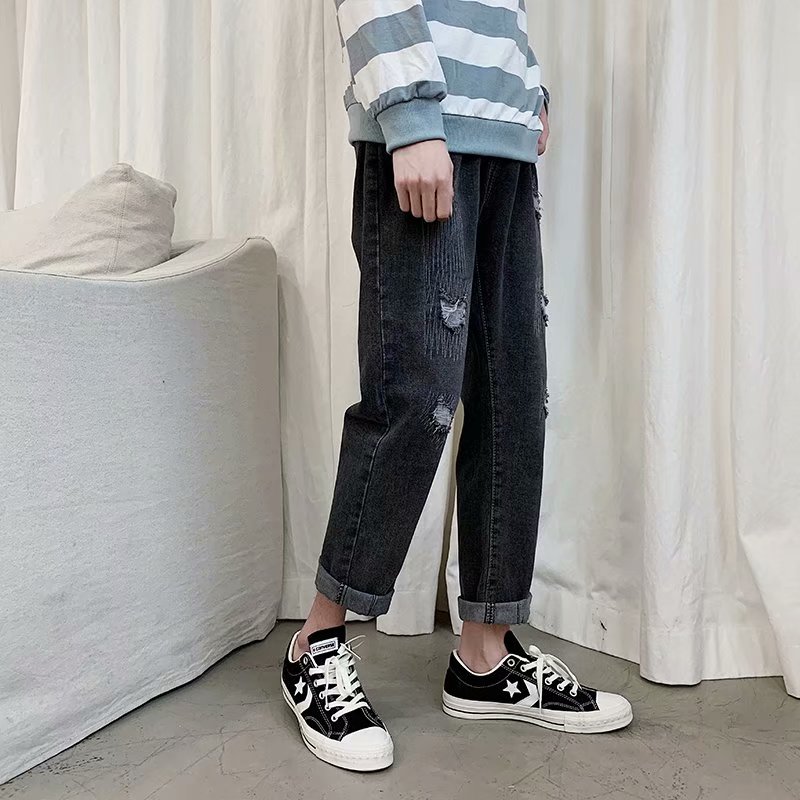 Hål jeans herr vår sommar höst tidvatten märke lösa vida ben pappa byxor herr trend vilda raka niopunkts byxor herr