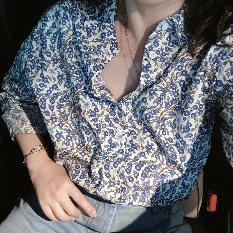 Camisas de manga larga con estampado Floral para mujer, blusas informales holgadas, botones elegantes Y2K, coreana, primavera y otoño, novedad: S
