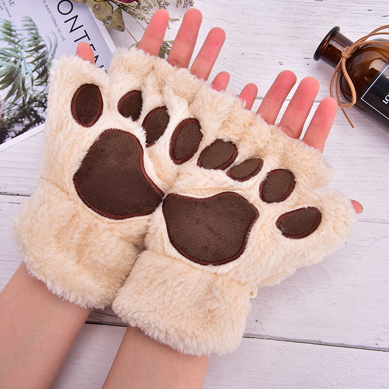 Soft Plush Short Fingerless Fluffy Bear Cat Gloves Costume Half Finger Black Beige Women Cute Cat Claw Paw Plush Mittens Warm