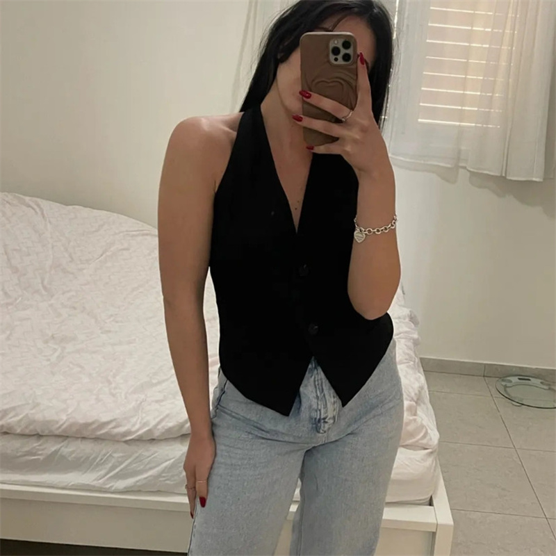 TRAF Black White Sleeveless Vest Women off Shoulder Cropped Vests for Women Waistcoat Halter Vest Top Women Vest Woman