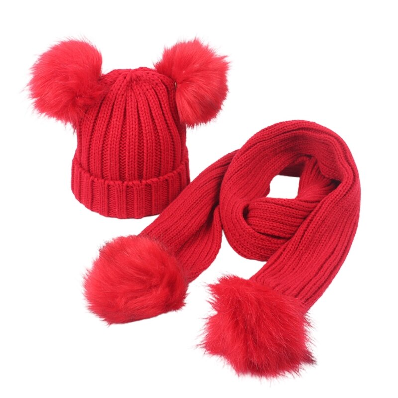 Småbarn barn vinter varm ribbad stickad mössa med lång halsduk set enfärgad söt dubbel pom pom öron manschett skalle mössa: Röd