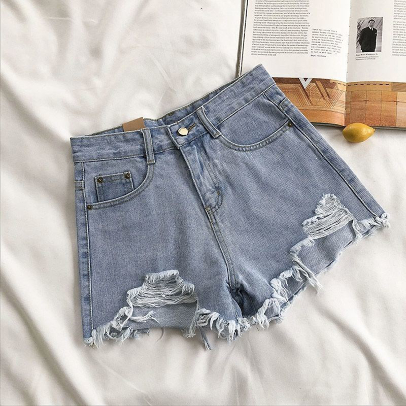 Short en jean taille haute à jambes larges pour femmes, denim coréen, trous, féminine, , décontracté, rue, court, , 2024: L / Marron